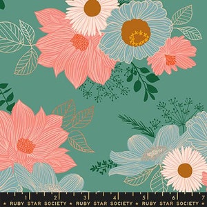 Puede incluir: Tela turquesa con un patrón floral con flores rosas, azules y doradas. La tela tiene un patrón repetitivo de flores y hojas.