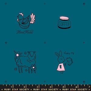 May include: Teal fabric with a repeating pattern of hand-drawn illustrations. The illustrations include a chicken, a jar of coffee, a sheep, and a bunny holding a flower. The text "Hand Made" and "happy day" are also included in the pattern.