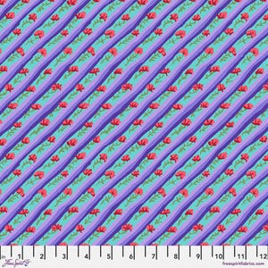 May include: A patterned fabric with diagonal stripes in purple, teal, and red. The stripes are decorated with red flowers and green leaves. The fabric has a repeating design and the text "Free Spirit" and "freespiritfabrics.com" is visible.