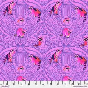 May include: A pink fabric with a repeating pattern of raccoons, trash cans, and floral designs. The raccoons are wearing colorful clothing and have a playful expression. The fabric has a vintage aesthetic and is perfect for quilting, crafting, and home decor projects.