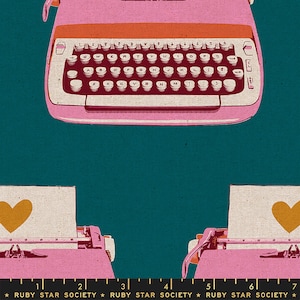 May include: A retro-style illustration featuring pink typewriters with white keys and orange accents against a teal background. The paper in the typewriters has a gold heart. The text "RUBY STAR SOCIETY" is at the bottom.