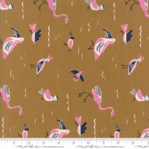 May include: A brown fabric with a repeating pattern of pink and blue birds. The birds are stylised and have a whimsical design. The fabric is perfect for quilting, sewing, and crafting.