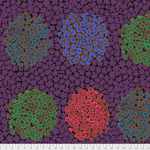 May include: Purple fabric with a repeating pattern of small purple flowers. Five larger circles are scattered across the fabric, each filled with smaller circles in different colours: blue, green, and red.