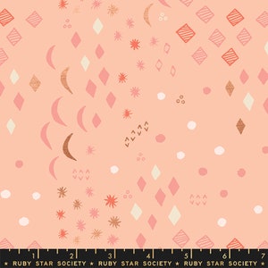 May include: A pink fabric with a repeating pattern of white, gold, and pink geometric shapes, including diamonds, stars, and crescent moons.