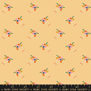 May include: A seamless pattern featuring a repeating design of colorful bouquets of flowers on a light yellow background. The bouquets are tied with a red ribbon and have a variety of flowers in shades of pink, orange, yellow, blue, and green.