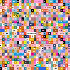 以下が含まれることがあります： 多数の小さな正方形で構成された、カラフルなパターンデザイン。各正方形には、星、ハート、動物、抽象的な形など、ユニークなイラストが描かれています。カラーパレットは鮮やかで、ピンク、ブルー、イエロー、オレンジがデザインを支配しています。