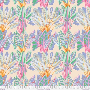 May include: A repeating pattern featuring stylized chard plants in pink, green, blue, and yellow on a cream background. The chard leaves are large and detailed. The design is vibrant and botanical, suitable for fabric or wallpaper.