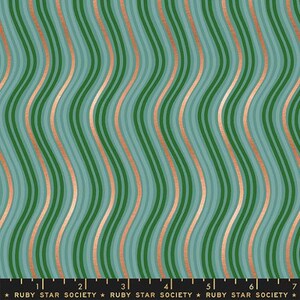 May include: A fabric with a repeating pattern of wavy lines in shades of teal and copper. The fabric is marked with a ruler in inches and the text "RUBY STAR SOCIETY".