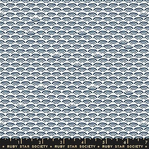 May include: White fabric featuring a repeating pattern of navy blue wave-like motifs, evoking traditional Japanese art. The fabric's base includes the text "RUBY STAR SOCIETY".