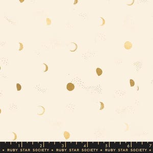 May include: White fabric with a gold foil pattern of moons, dots, and circles. The fabric is labeled "Ruby Star Society".