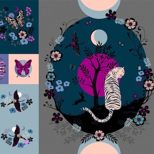 May include: A dark blue background with a white tiger sitting in a circle of pink, purple, and blue flowers. The tiger is surrounded by a pink moon and a tree with a pink trunk. The background is a dark blue with a white moon.