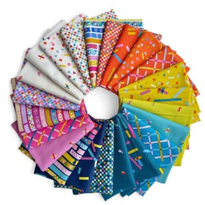 May include: A collection of patterned fabric squares arranged in a circle. The fabrics display a variety of designs, such as geometric shapes, stripes, and confetti. The colour scheme includes pinks, blues, yellows, oranges, and whites, creating a bright and cheerful display.