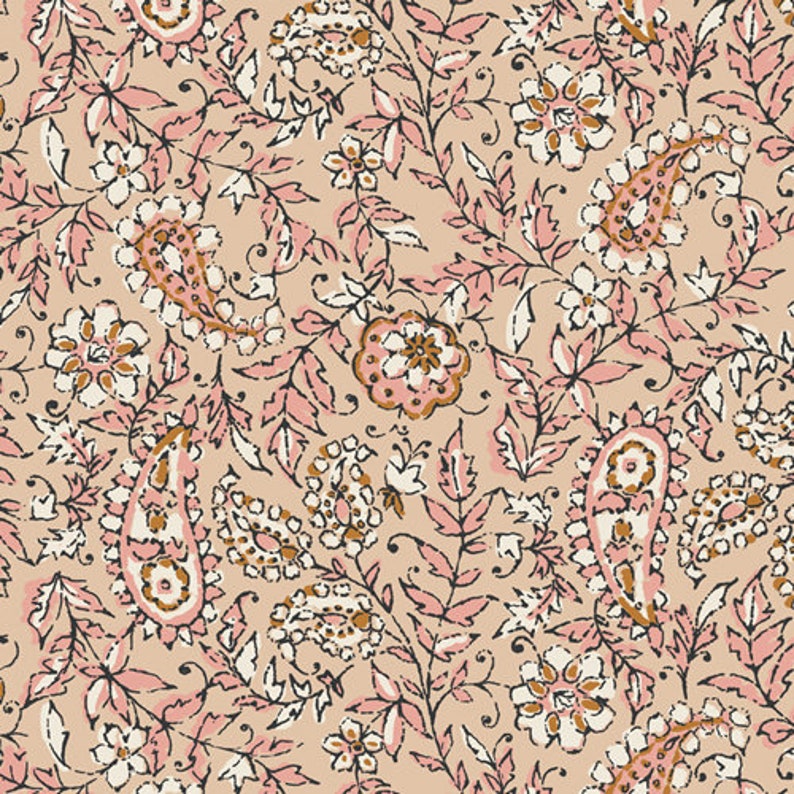 May include: A seamless pattern featuring pink and brown paisley designs, floral motifs, and intricate leaf patterns on a light peach background.