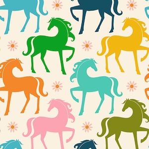 May include: A repeating pattern featuring colourful horse silhouettes in blue, green, orange, yellow, and pink. Small daisy flowers are scattered between the horses on a cream background. The horses are in a prancing pose.