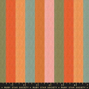 May include: A fabric with vertical stripes in shades of orange, peach, teal, and pink. The fabric has a woven texture.