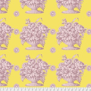 May include: A seamless pattern featuring a repeating design of pink floral bouquets in antique-style vases on a bright yellow background.