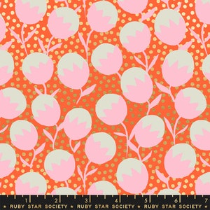 May include: Orange fabric with a repeating pattern of pink and white stylised flowers on a background of gold dots. The fabric has a ruler with the text "RUBY STAR SOCIETY" printed on it.