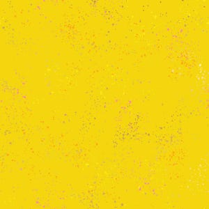 May include: A bright yellow background with a scattered pattern of small orange, pink, and grey dots.