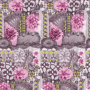 May include: A seamless pattern featuring pink flowers with intricate details, set against a background of gray and white geometric shapes. The design includes ornate, stylized elements reminiscent of architectural details.