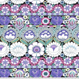 May include: A patterned fabric featuring a repeating floral design in white, purple, pink, and blue on a black backdrop. The design incorporates diverse flower shapes, creating a detailed and colourful textile pattern.