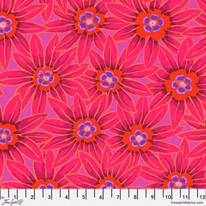 May include: A colourful fabric with a repeating pattern of large, stylised flowers. The flowers have bright pink petals with orange outlines and centres, and purple centres. The background is a solid magenta colour. The fabric is measured in inches.