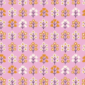 Puede incluir: Un patrón sin costuras que presenta una variedad de flores estilizadas en tonos blancos, amarillos y naranjas sobre un fondo rosa. Las flores están dispuestas en un patrón repetitivo, creando un diseño alegre y caprichoso.