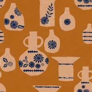 May include: A seamless pattern featuring various stylized ceramic vases in shades of blue and peach on a mustard yellow background. The vases are decorated with floral and geometric designs.