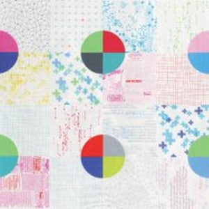 May include: Abstract art print with six colorful circles on a white background. Each circle is divided into four sections, with each section a different color. The colors used are red, pink, blue, green, gray, and black.
