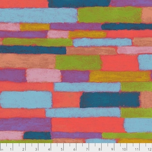 May include: Abstract art print featuring a colourful geometric pattern of horizontal stripes in shades of blue, green, yellow, pink, purple, and orange. The background is a vibrant coral colour.