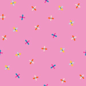 May include: A repeating pattern on a pink background, featuring scattered plus signs in various colours. The plus signs are in shades of blue, orange, yellow, and pink, creating a cheerful and lively design.