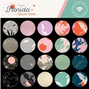May include: A selection of circular designs featuring diverse patterns and illustrations. The designs incorporate botanical elements, birds, and celestial themes in shades of pink, gold, teal, and grey. The text "Florida" and "Sarah Watts" are visible.