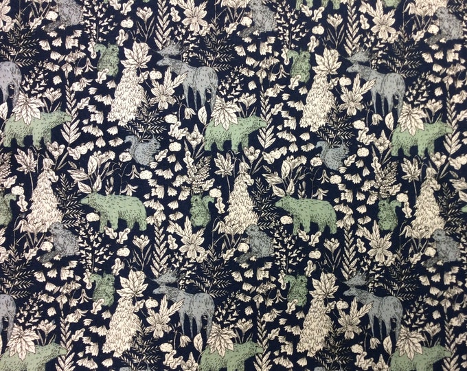 Bear Moose Cotton Flax Fabric in  Navy Colour by Robert Kaufman = fat quarter