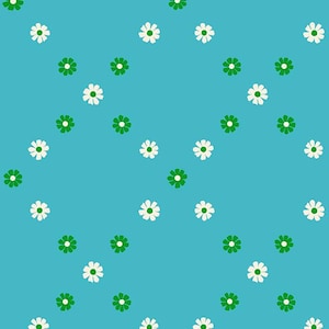 May include: A turquoise background with a repeating pattern of white and green daisy-like flowers. The flowers are evenly spaced and arranged in diagonal rows, creating a cheerful design. The pattern is suitable for various applications.