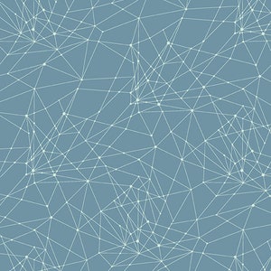 Könnte beinhalten: Abstraktes geometrisches Muster mit blauem Hintergrund und einem weißen Netzwerk aus Linien und Punkten.