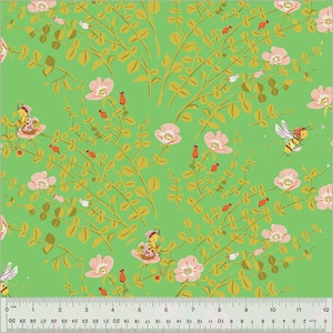 May include: A bright green fabric with a repeating pattern of pink flowers, yellow-green foliage, and whimsical bee characters. The design includes small red berries and white accents, creating a cheerful, nature-inspired print. The ruler at the bottom measures up to 30 cm.