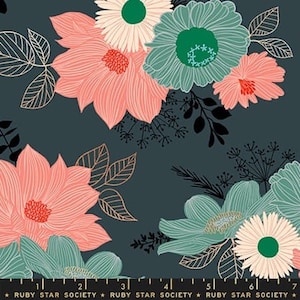 May include: Floral fabric with a dark teal background. The design features large flowers in coral, teal, and white, with gold and black accents. The fabric is from Ruby Star Society.