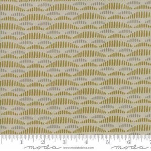 May include: A beige fabric with a repeating pattern of overlapping, curved lines in shades of gold and gray. The fabric has a subtle texture and a modern, geometric design.