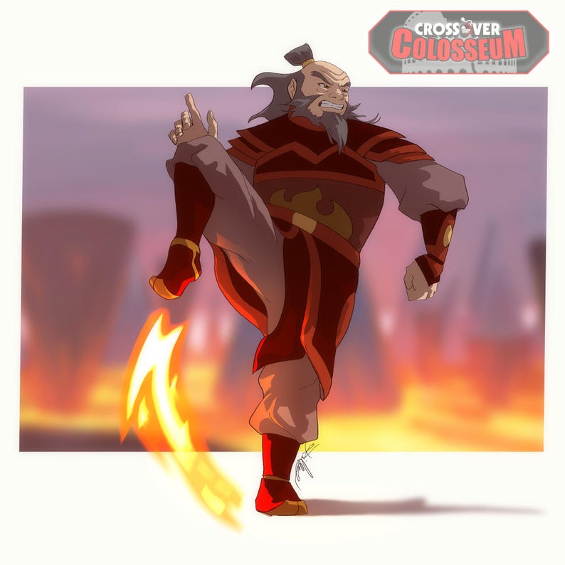 May include: Illustration of a character in a dynamic pose, kicking with a fiery effect. The character is dressed in red and brown attire, with a stern expression. The image has a background of orange and red hues, with the text "CROSSOVER COLOSSEUM" in the upper right corner.