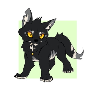 May include: A digital illustration of a black and white cartoon wolf-like creature with yellow eyes. The creature has a small gold button on its chest and is set against a light green background.