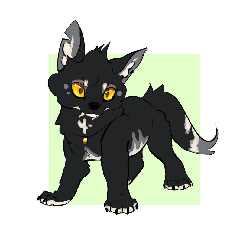 May include: A digital illustration of a black and white cartoon wolf-like creature with yellow eyes. The creature has a small gold button on its chest and is set against a light green background.