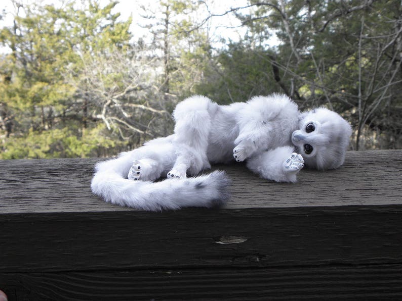 May include: A white plush toy with a long tail, lying on a wooden surface. The toy has large, black eyes and a fluffy, white body.