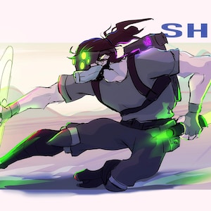 May include: Digital illustration of a character in action, wielding a glowing shield and a blade. The character is dressed in gray and black attire with green and purple accents. The word "SHOJI" is displayed in blue.
