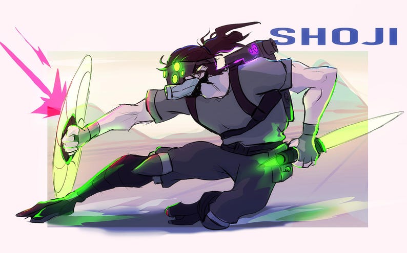 May include: Digital illustration of a character in action, wielding a glowing shield and a blade. The character is dressed in gray and black attire with green and purple accents. The word "SHOJI" is displayed in blue.