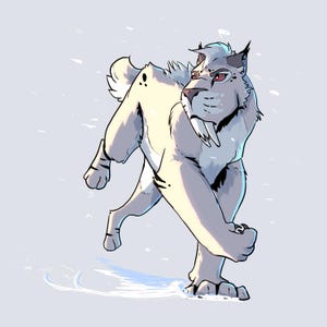 May include: Illustration of a stylized saber-toothed tiger in a walking pose. The cartoon-like animal is primarily white with gray shading and red eyes. The background is a light blue with white snow-like elements.