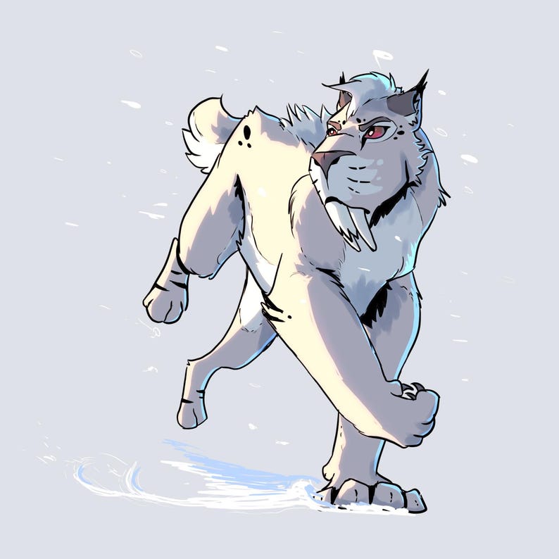 May include: Illustration of a stylized saber-toothed tiger in a walking pose. The cartoon-like animal is primarily white with gray shading and red eyes. The background is a light blue with white snow-like elements.