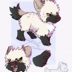 May include: Illustration of a fawn pup with a white body, black paws, and a black muzzle. The image includes a full body view, a headshot, a paw detail, and a sketch. The text "Fawn pup" is at the top.