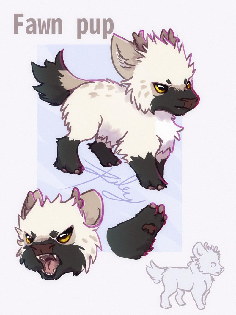 May include: Illustration of a fawn pup with a white body, black paws, and a black muzzle. The image includes a full body view, a headshot, a paw detail, and a sketch. The text "Fawn pup" is at the top.