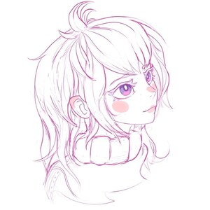 May include: A digital illustration of a person's face in profile, rendered in shades of pink and purple. The artwork features long, flowing hair, rosy cheeks, and large eyes with purple irises. The person is wearing a sweater.