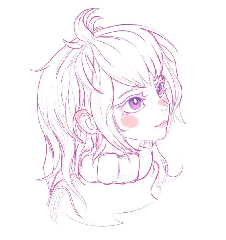 May include: A digital illustration of a person's face in profile, rendered in shades of pink and purple. The artwork features long, flowing hair, rosy cheeks, and large eyes with purple irises. The person is wearing a sweater.