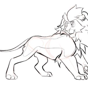 May include: Line drawing of a lion in a walking pose. The lion has a detailed mane, a long tail, and is drawn with thick black lines. The lion's expression is calm and confident.